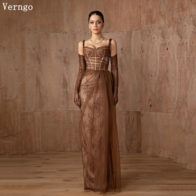 

Verngo Brown Lace Evening Dress Spaghetti Straps Mermaid Prom Party Dresses Simple Elegant Slim Prom Gown 2025