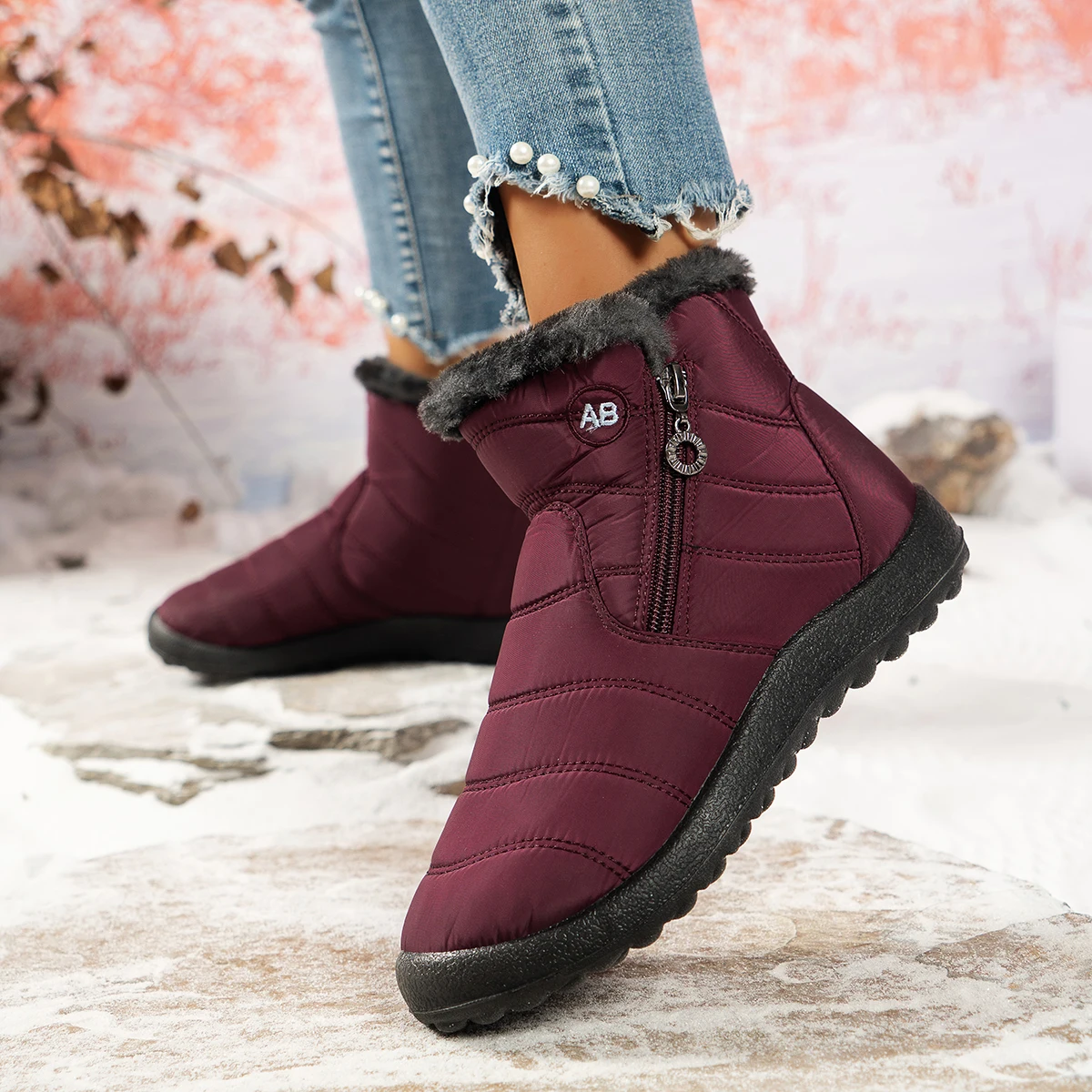 Women's Warm Fleece‑Lined Winter Snow Boots, Decorative Side Zipper Mid‑Calf Boots, Waterproof Non‑Slip Flat Sole Comfort Footwear, Cozy Casual Women's Shoes Moms & Elderly Women Outdoor Cold‑Weather Daily Wear, Clearance Sale