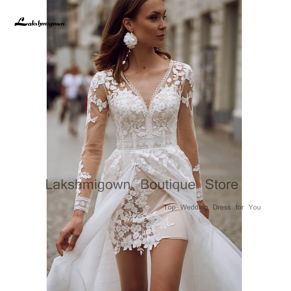 Lakshmigown Floral High Low Beach Wedding Dress Vestidos Novia 2023 Civil Bridal Lace Boho Wedding Gowns Open Back