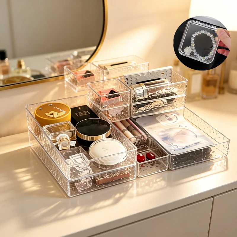 11-Piece Set of Water Ripple Transparent Beauty Storage Racks and Cosmetic Storage Boxes, Stackable Plastic Bathroom Accessory Set, with Multi-Specification Drawer Trays and Mini Nail Polish Storage Boxes, Suitable for Dressing Tables, Bathroom Drawers, and Countertops, for Storing Skincare Products, Makeup, and Jewelry