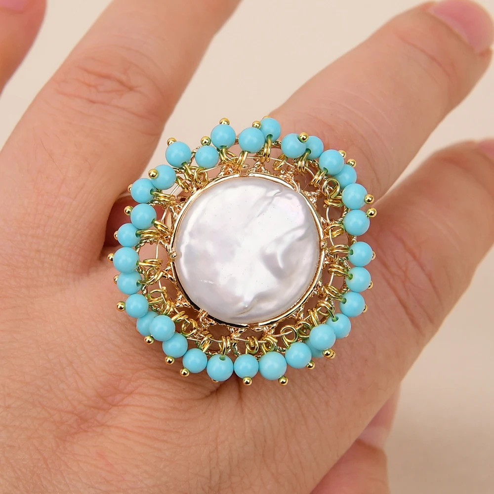 GG Natural White Keshi Coin Pearl Blue Turquoise Adjustable Finger Rings