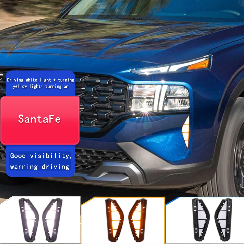 

2PCS LED Daytime Running Light For Hyundai Santa Fe 2021 2022 Dynamic Turn Yellow Signal Relay Car 12V LED DRL Day Light