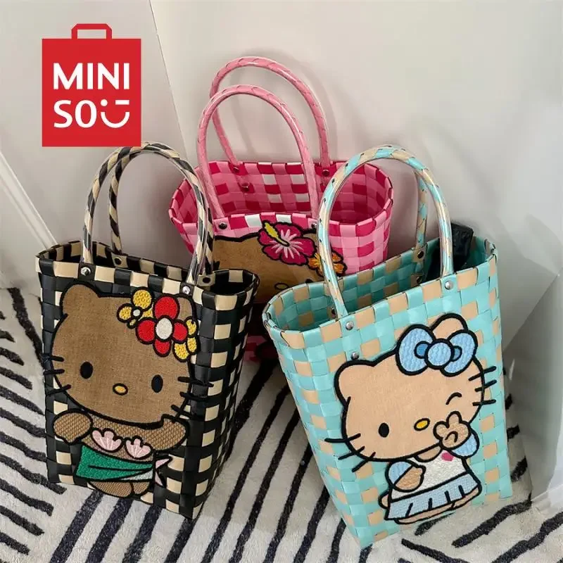 Sanrio Hello Kitty Black Skin Woven Basket New Kawaii Anime Hawaiian Cartoon Sweet Cute Girls Spicy Girls Atmosphere Handbag