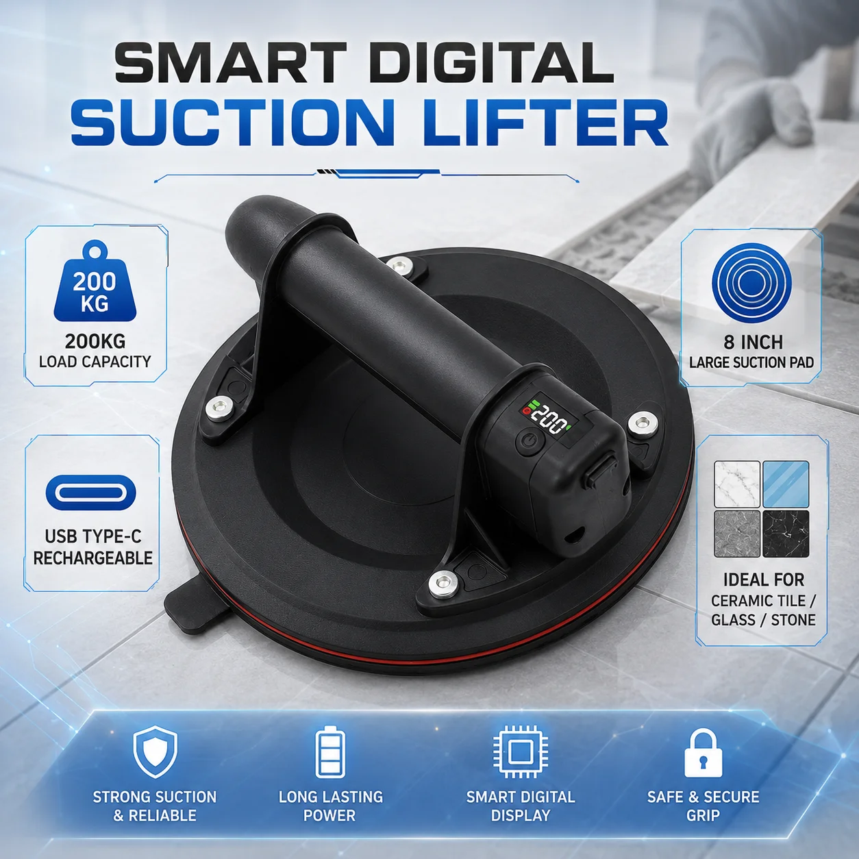 

8" Electric Vacuum Suction Cup Lifter with Stone Seam Setter for Glass, Tile, Granite and Stone Installation