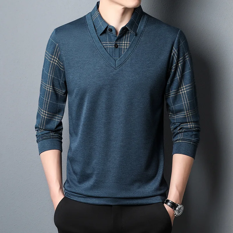 Spring and Autumn Men's Pullover Collar Button Plaid Panel Contrast Color Long Sleeve T-shirt Polo Bottom Fashion Formal Tops