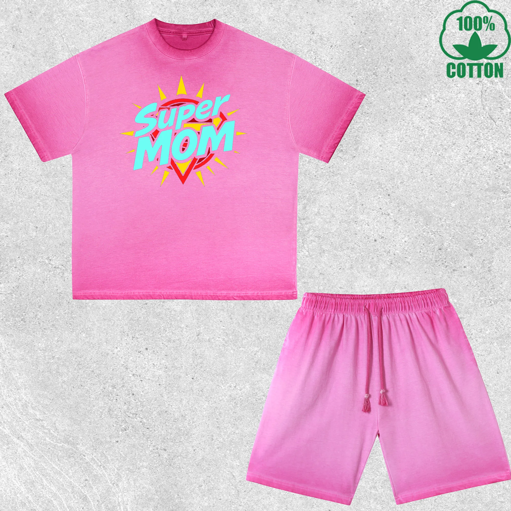 

Super Mom Printed Dirty Wash T-Shirt Shorts Set Multicolor Combo Loose Trendy Fashionable 100%Cotton Short Value Pack