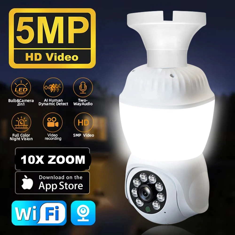

5MP PTZ E27 камера с лампочкой 10XZoom Wi-Fi камера слежения безопасности двустороннее аудио наблюдение ночного видения со светодиодной лампочкой камеры видеонаблюдения