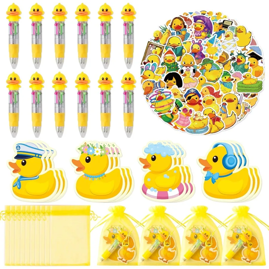 Conjunto de presente de papelaria de pato de borracha amarelo para: 12 pacotes de material escolar com tema animal fofo, incluindo canetas esferográficas de pato 4 em 1 St
