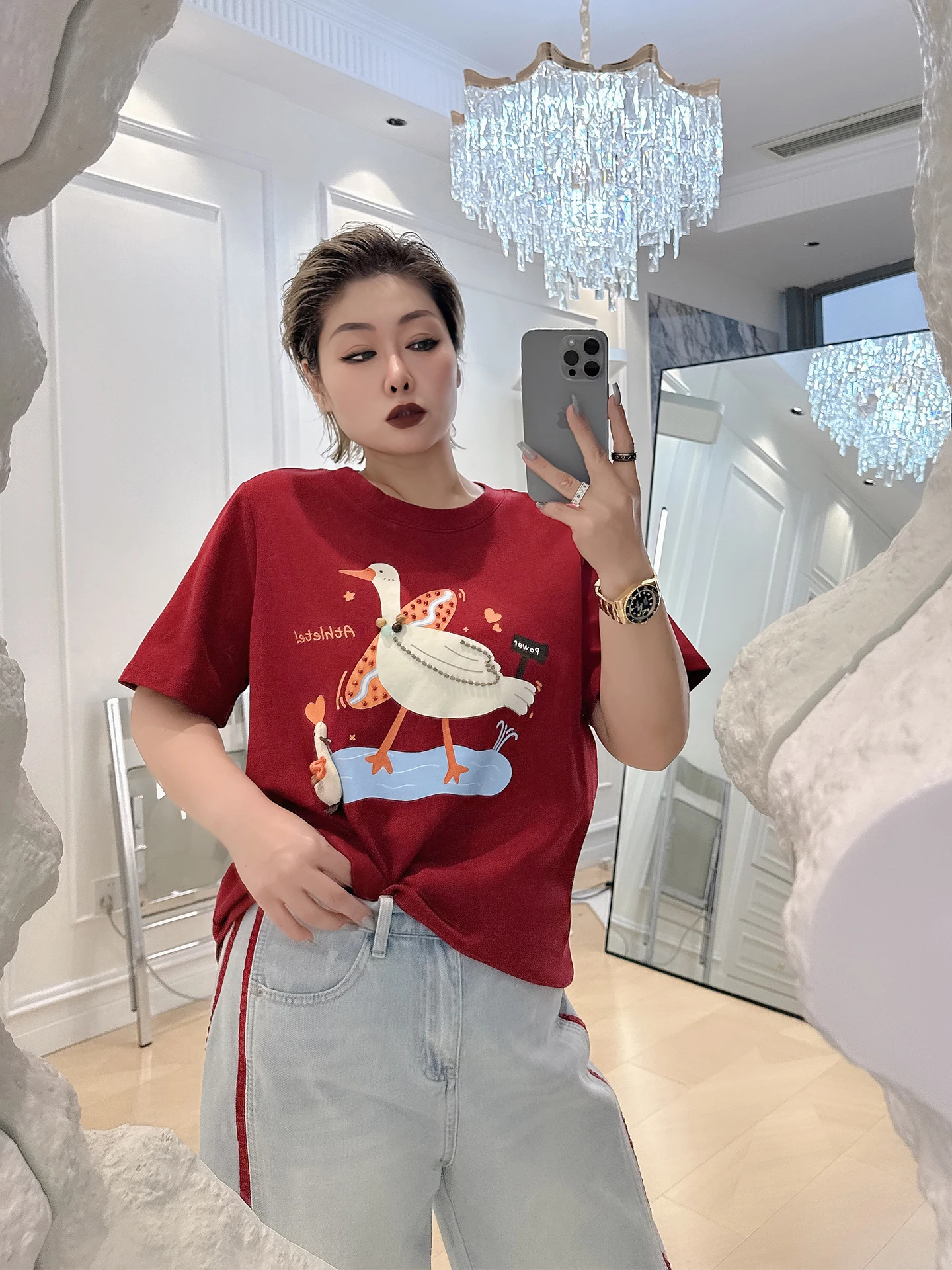 

Adorable Cartoon plus Size Women's T-irt Casual Loose Slimming ort Sve Top for Heavy MM Comfortable Breathable Cotton