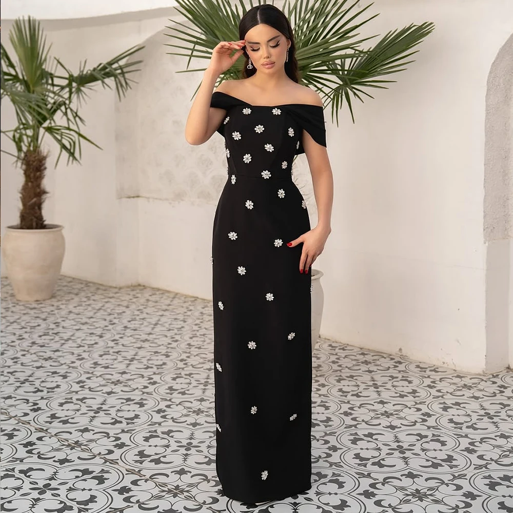 

Черное вечернее платье с кристаллами по индивидуальному заказу, роскошные вечерние платья с открытыми плечами для коктейльной вечеринки, элегантные длинные вечерние пышные платья