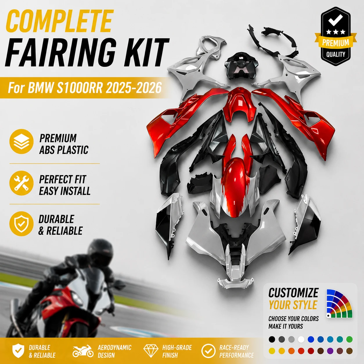 

For BMW S1000 RR S 1000RR 2025 Gloss Red Body Kit Included Aero Wings Injection Molded ABS Plastics Fairings K67 Cover Parts