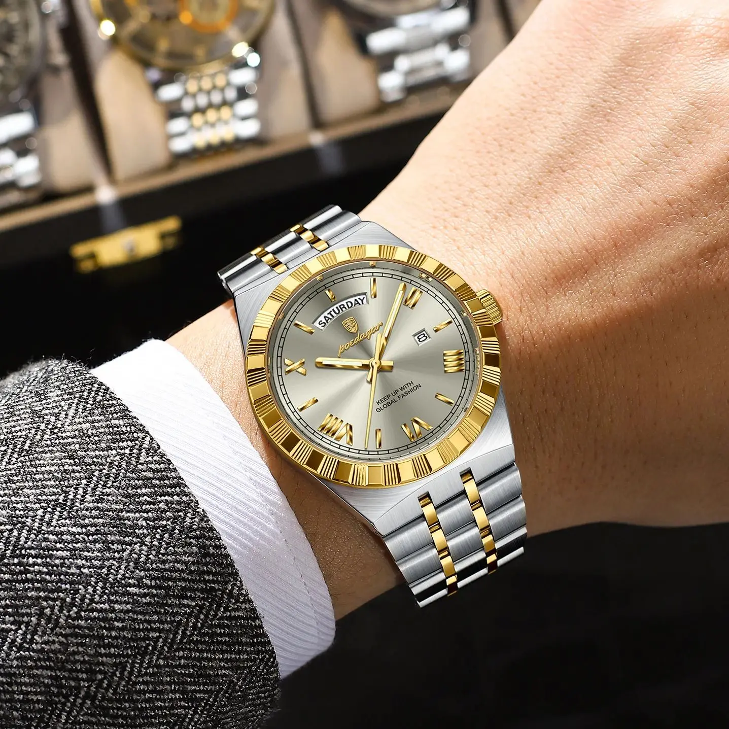 Poedagar original masculino relógio luminoso à prova dwaterproof água semana data relógio de pulso masculino aço inoxidável negócios quartzo relógios presente + caixa