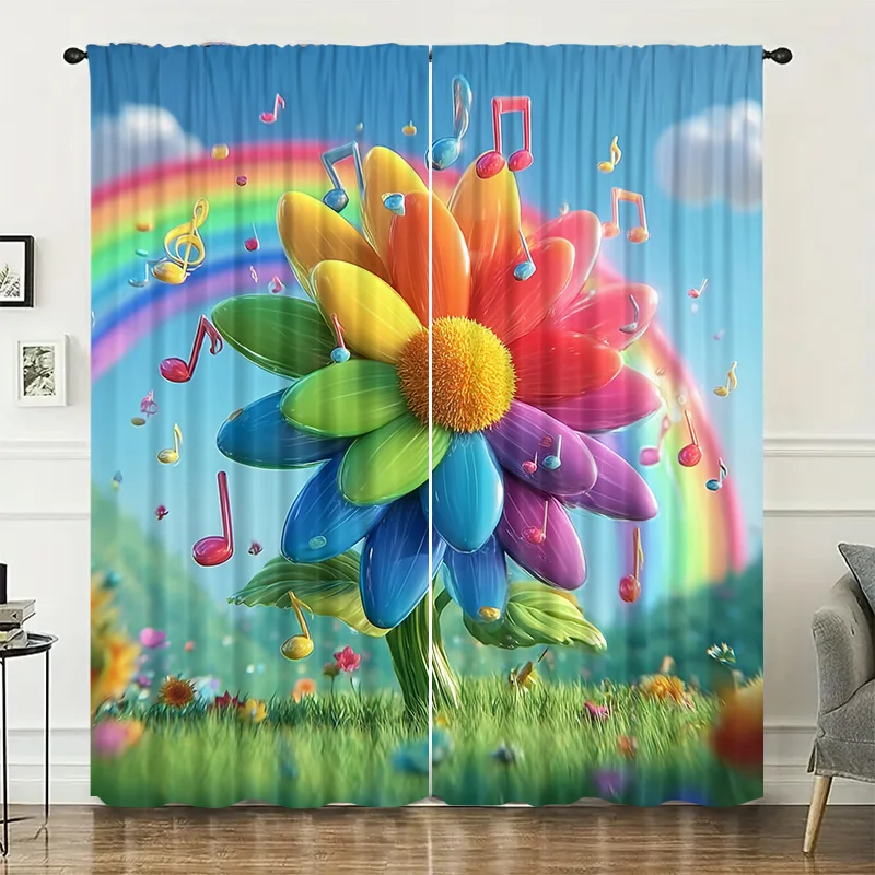 Rainbow-shaped multicolored music curtains, installed in pole style. Suitable for living rooms, bedrooms dining rooms and hotels