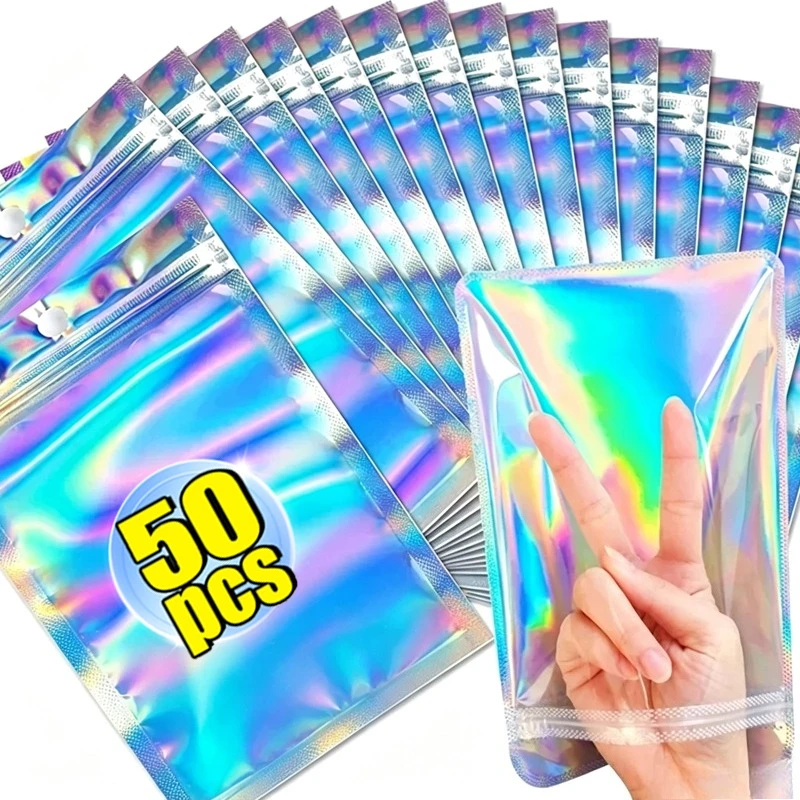 Resealable Laser Self Lock Bags Small Business Packaging Holographic Envelopes Flat Clear Plastic Candy Jewelry Food Storage Bag
