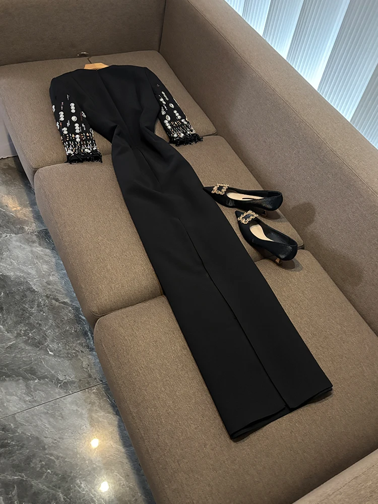 Ele Faion longue Dr lourd embelli diamant coupe ajustée robe de soirée trajet Sle taille moyenne t-shirt fibre d'acétate