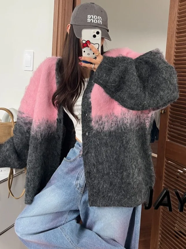 Ladies Thickened Knitted Sweater Cardigan Loose Casual Style Winter New Arrival Gradient Color Lazy Fashion Knitwear Top