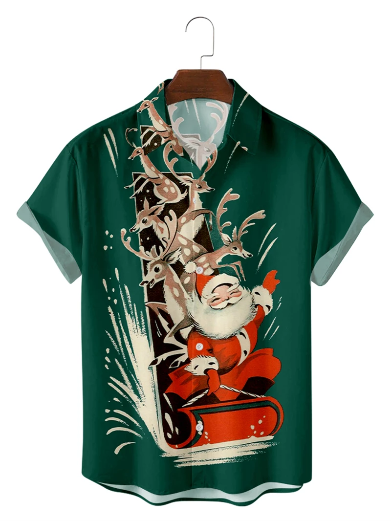 Homens e mulheres Feliz Natal 3D Gráfica Camisas, Engraçado Estampado Papai Noel, Camisa Casual, Moda Havaiana, Bonita Blusa de Praia, Lapela Tops