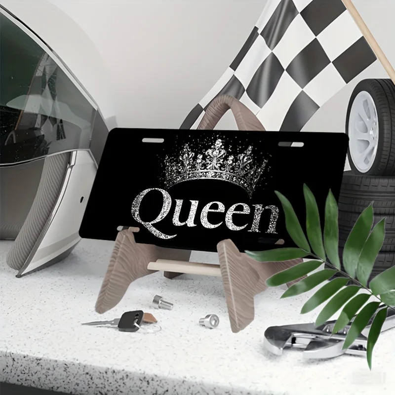2D Flat 1pc Plaque for Decorative Purposes, Queen Crown Design License Plate Cover Black with Golden Crown Details