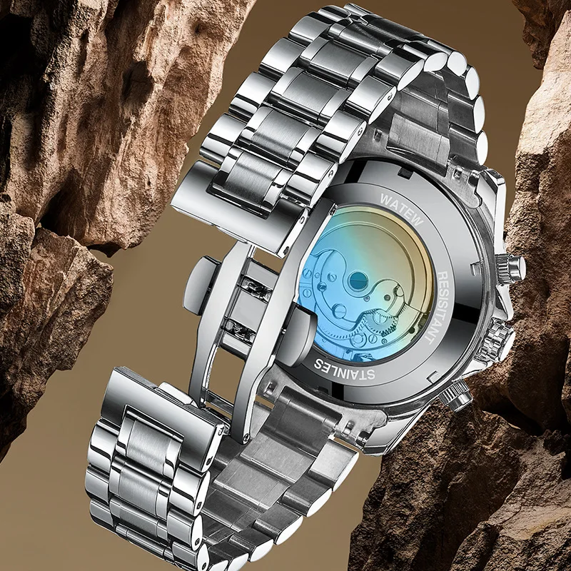 Reloj mecánico Tourbillon a la moda para hombre, reloj luminoso de acero inoxidable con fecha, semana, fase lunar, reloj hueco automático de lujo para hombre