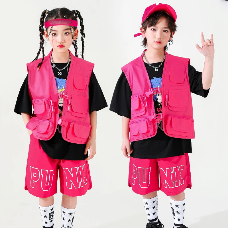 

Children Jazz Modern Dance Rave Clothes Rose Red Loose Vest Hiphop Shorts Suit For Girls Hip Hop Dance Performance Wear DQS12818