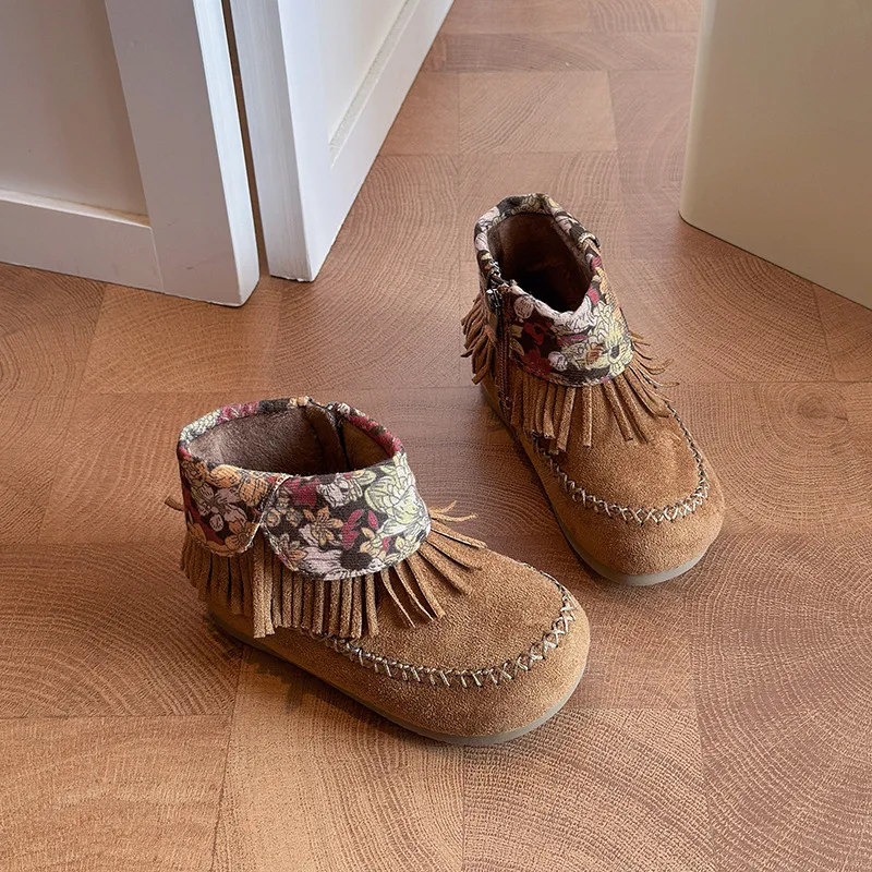 Flowers Tassel Girls Fashion Boots Autumn Winter PU Suede Children Ankle Shoes Short Plush Warm Kids Vintage Boots
