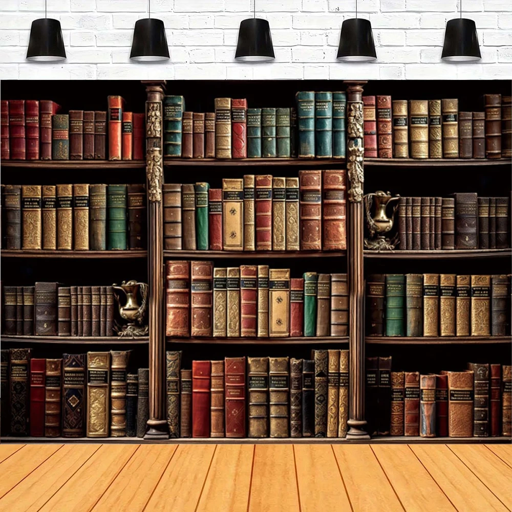 Bookshelf Photography Backdrop Vintage Bookcase Theme Background Retro Medieval Books Antique Bookshelves Ancient Library Banner