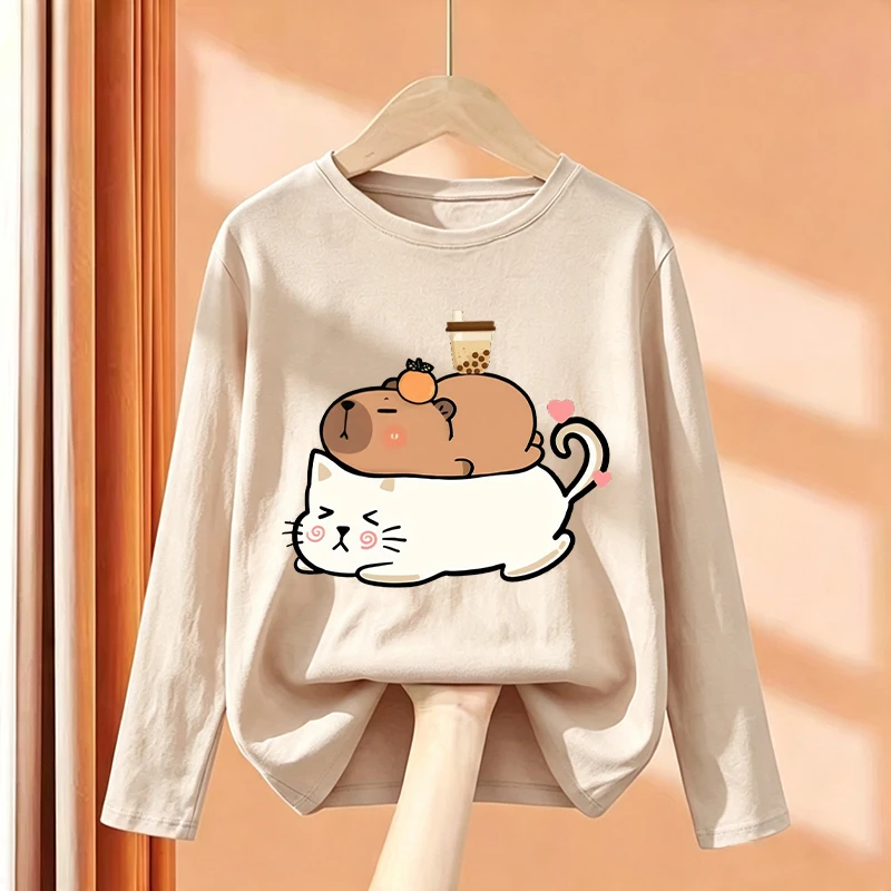 Y2K Cute Cat Capybara Kids Tshirts long Sleeve Tees Cartoon Boys Girls Clothes Kawaii Kitten Tops Children T-shirt