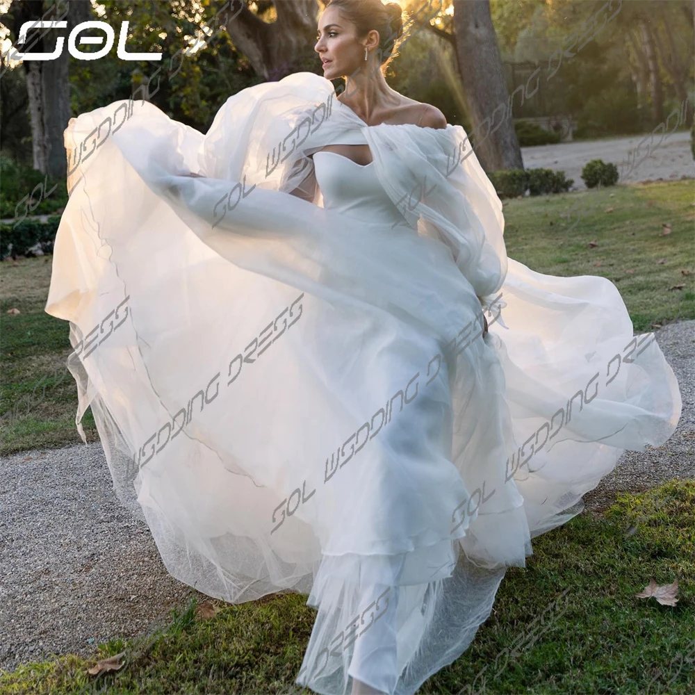 SOL Simple Off The Shoulder maniche lunghe a sbuffo abiti da sposa in Tulle eleganti abiti da sposa a trapezio senza schienale abiti Sexy De Novia