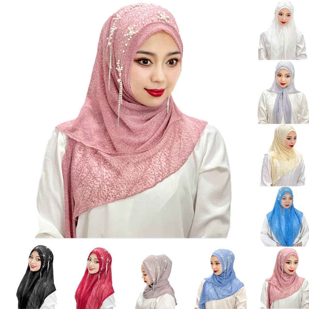 

Malaysia Women Tassel Beaded Flower Scarf Muslim Hijab Islamic Stoles High Quality Shawl Hat Wrap Headscarf Bandanas 180*73cm