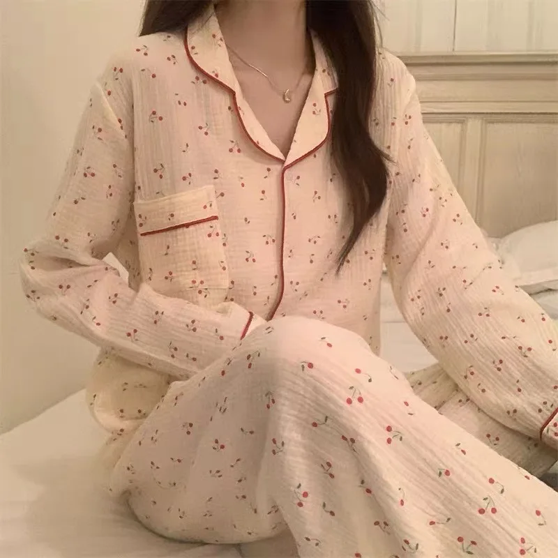 Women\'s Rustic Style Wrinkled Fabric Cherry Cute Long-sleeved Pajamas Home Wear  New Ladies Lapel Cardigan Girl Home Comfort Set