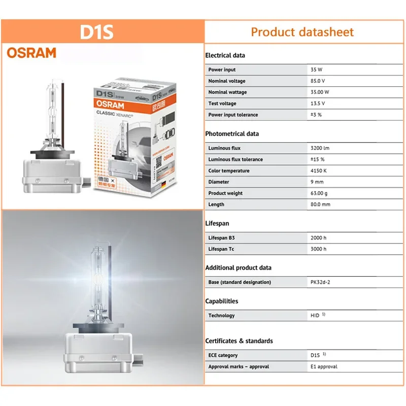 OSRAM Xenon HID Classic Headlight Lamps D1S D2S D3S D4S Standard 4200K Warm White Pair CLC Original Car Light 66140 66240 66340 view 3