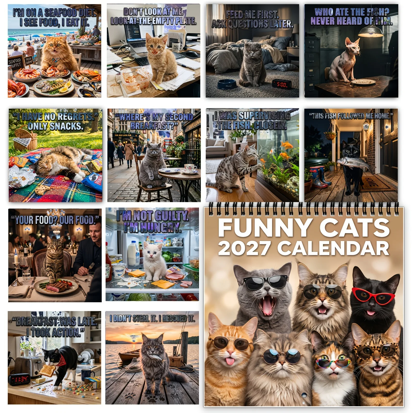 2027 Vintage Cat Wall Calendar Cute Animal Artwork Monthly Calendar Spiral Bound Home Decoration Gift