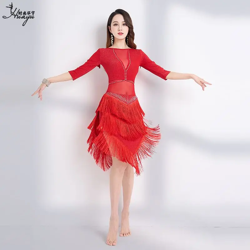 Belly Dance Practice Outfit Latin Dance New Sexy Hot Diamond Tassel Dress Ballroom Dance High-end Performace Set