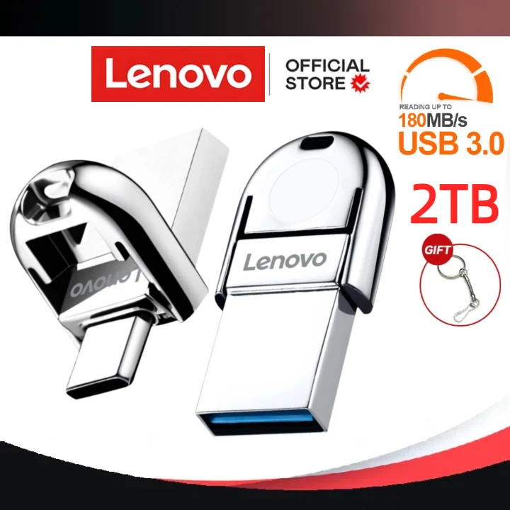 Lenovo-Unidade Flash USB Impermeável, Disco Pendrive, Stick de Alta Velocidade, Disco Tipo C, 2 em 1, 256GB, 128GB, 2TB