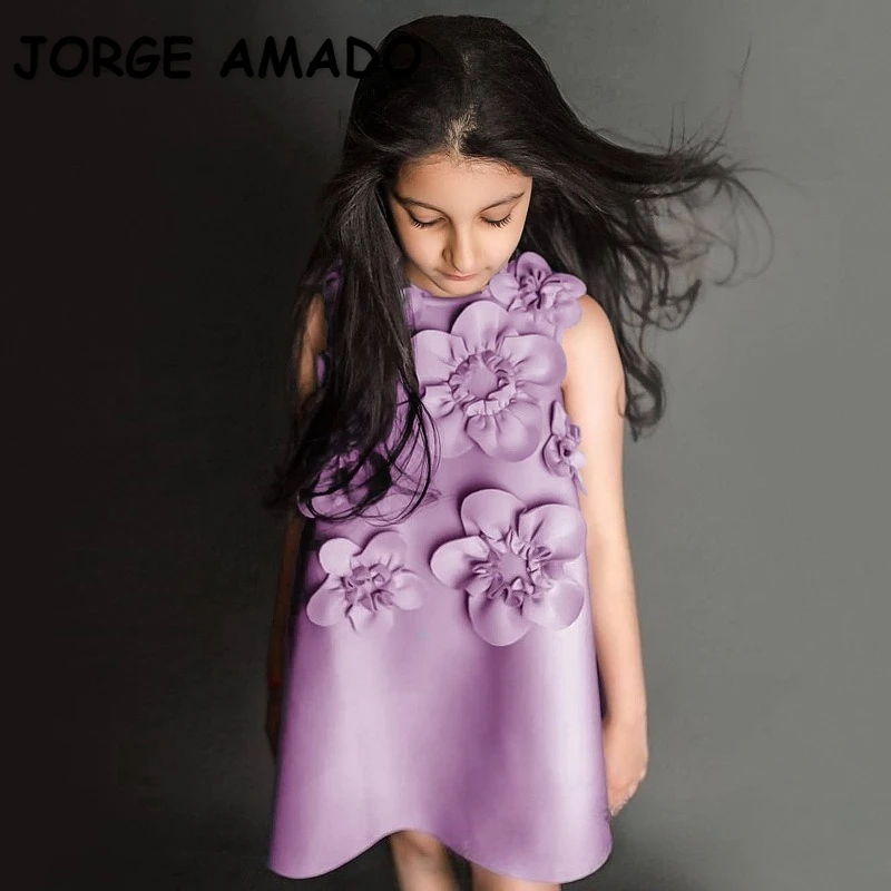 New Summer Kids Girls Party Dress Floral Appliques Sleeveless Round Collar Elegant Princess Evening Gown Children Clothing A1539