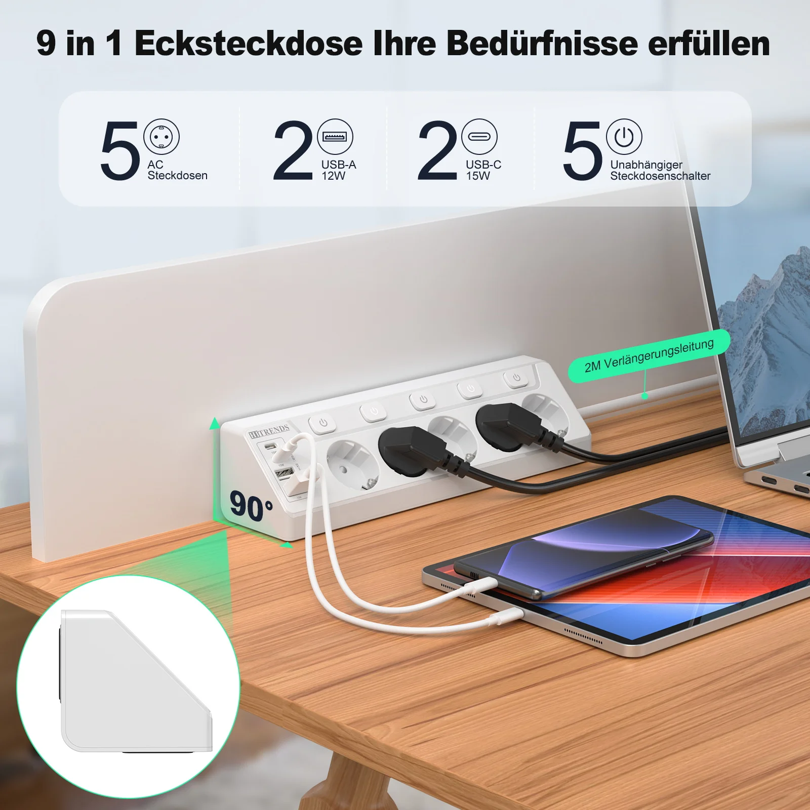 5 way EU plug Multi-functional Power Socket, Multiple Socket Power Strip with 2 USB and 2 Type-C 2m Cable for Smartphones