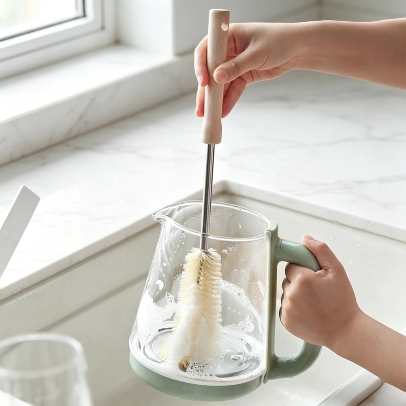 Brosse à biberon à long manche en bois, brosses de nettoyage pour sucettes de bébé, nettoyeur de biberons pour nourrissons, outils de nettoyage ménager pour la cuisine