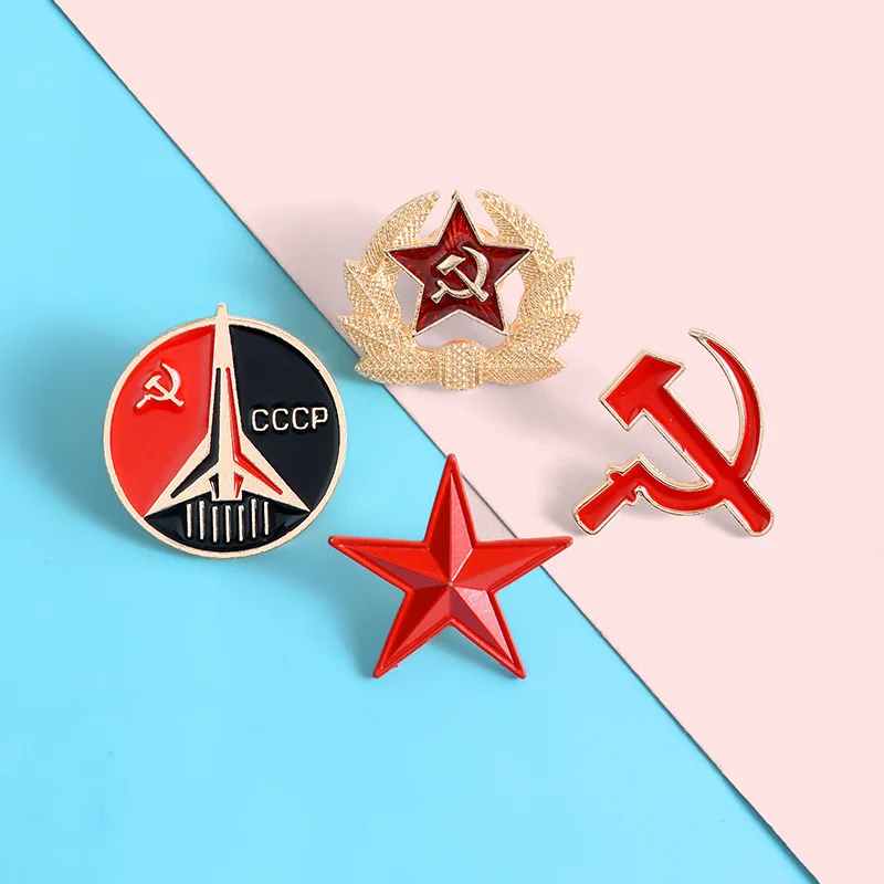 Socialist Pointed Star Symbol Enamel Pins Red Star Sickle Hammer Cold War Brooches Gift Icon Badge Lapel Metal Pin For Coat Cap