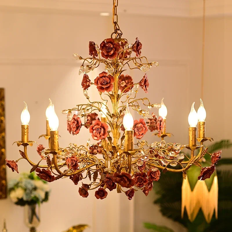 

French Retro Pastoral Ceiling Chandelier Rose Clothing Store Guest Dining Room Candle Light Country Villa Bedroom Cafe Fixtures