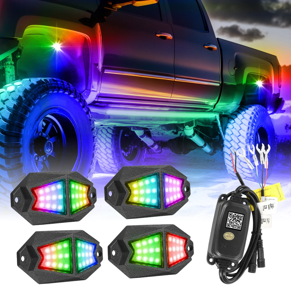 

Fit For Dodge RAM 1500 2500 3500 2009-2018 UTV 4-Pods LED RGB Rock Lights Kit Underglow Underbody Neon Lamp Flood Wide Cornering