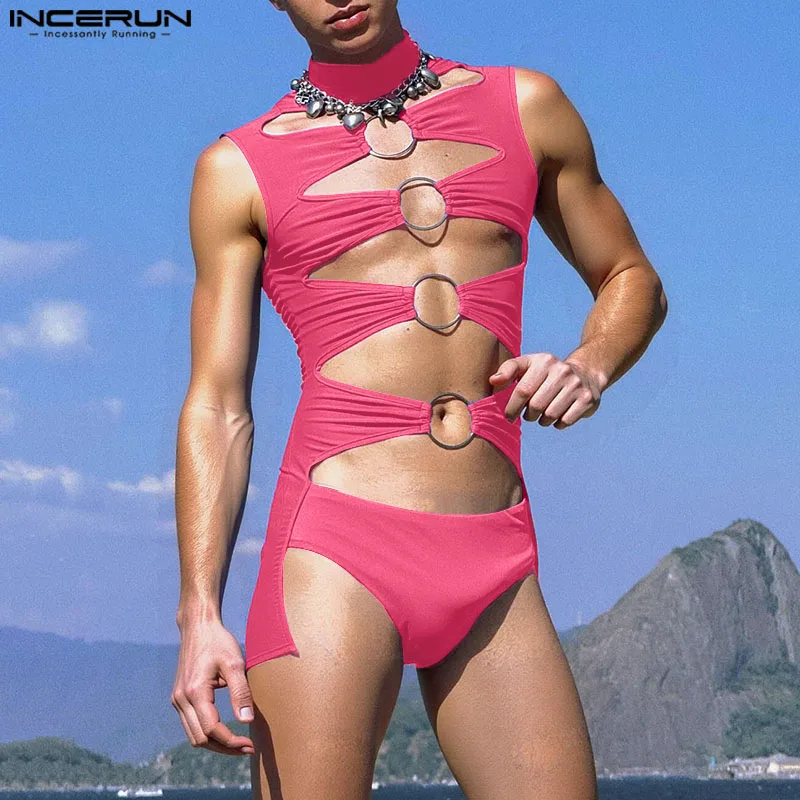 INCERUN Men Bodysuits Solid Color Turtleneck Sleeveless Hollow Out Sexy Male Rompers 2025 Fashion Unisex Bodysuit S-5XL