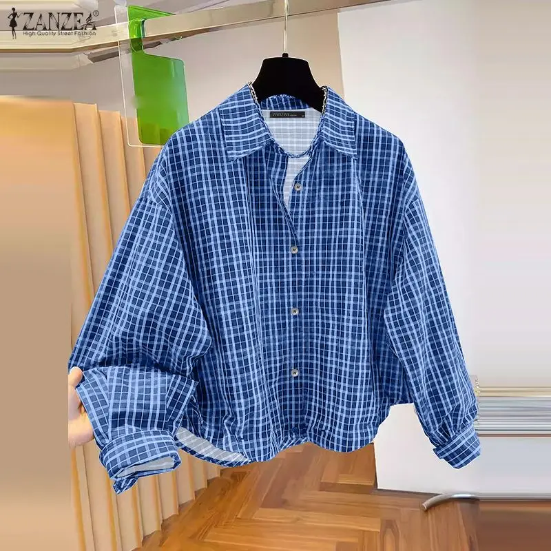 

Стильные клетчатые рубашки ZANZEA, женская рубашка, тренд 2026, весна-осень, офисная блузка, топы с отворотом и длинными рукавами, блузки на пуговицах