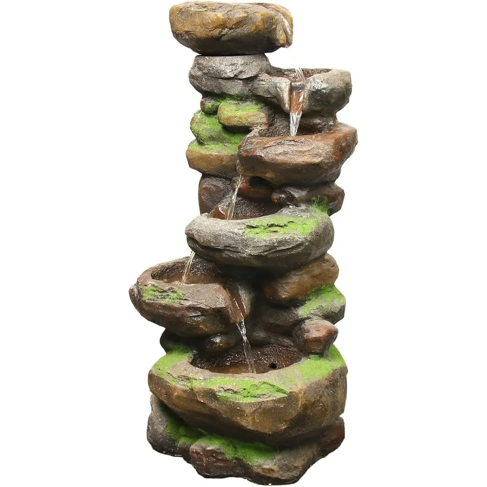 

6-Tiered Outdoor Floor Rock Water Fountain Cascading Waterfall Fountains Indoor Led Lights for Home Garden Patio with Natural S