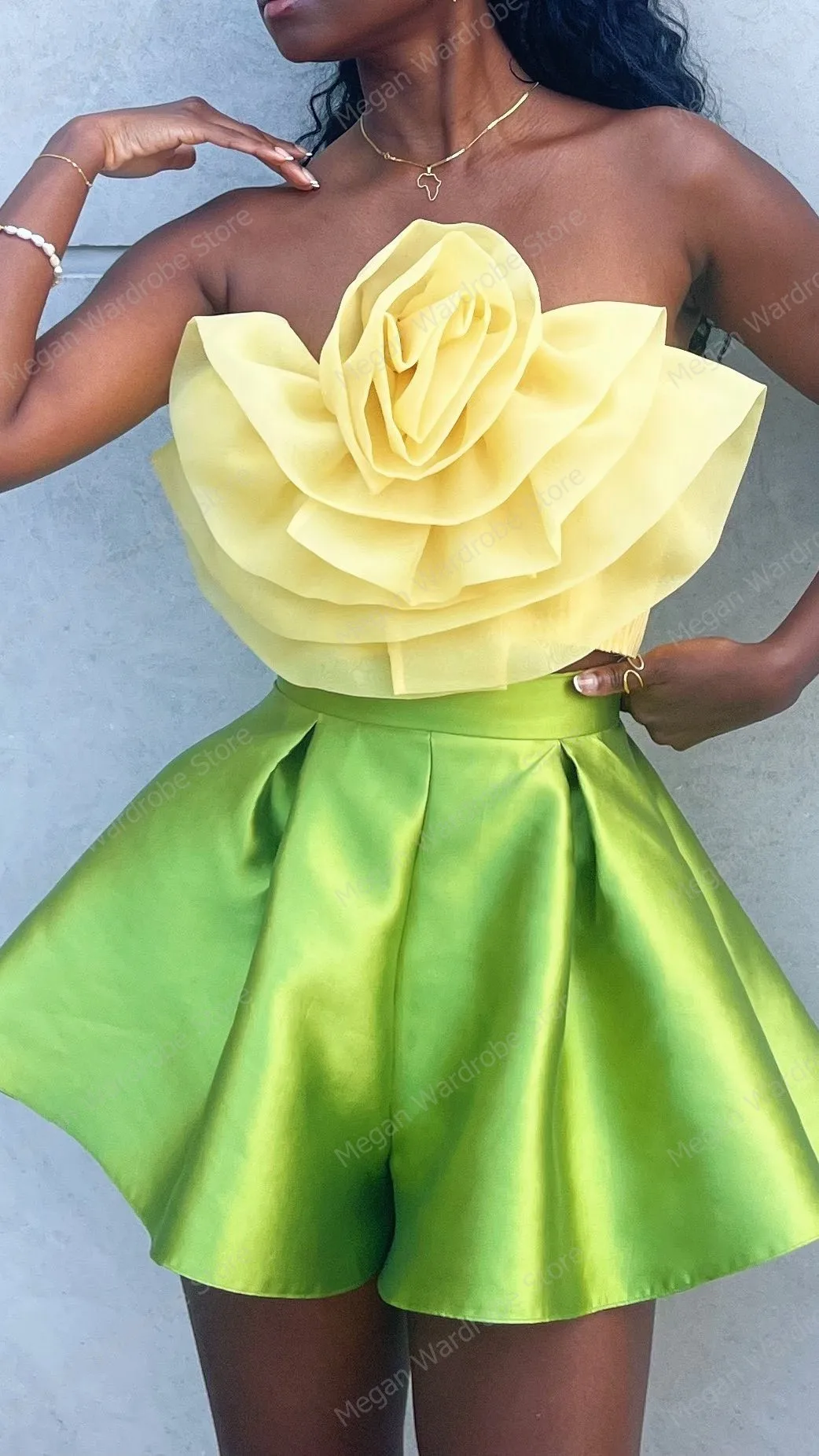 Trendy Two Pieces Women Suits Mini Skirt Sets Summer Yellow Strapless Flower Ruffled Tulle Top & Green Satin Short Skirt