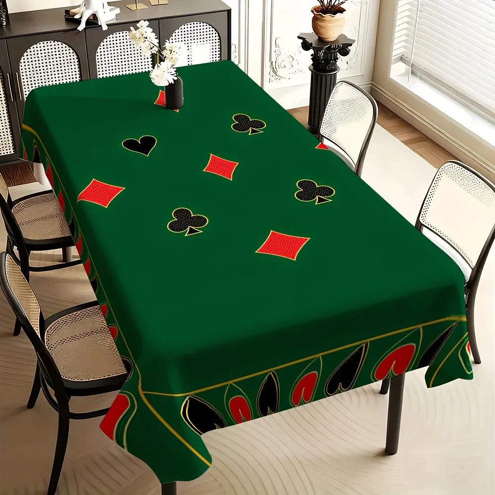 1PC Modern Fashion Simple Tablecloth, Green tablecloth with red and black striped patterns of poker cards on itxzj
