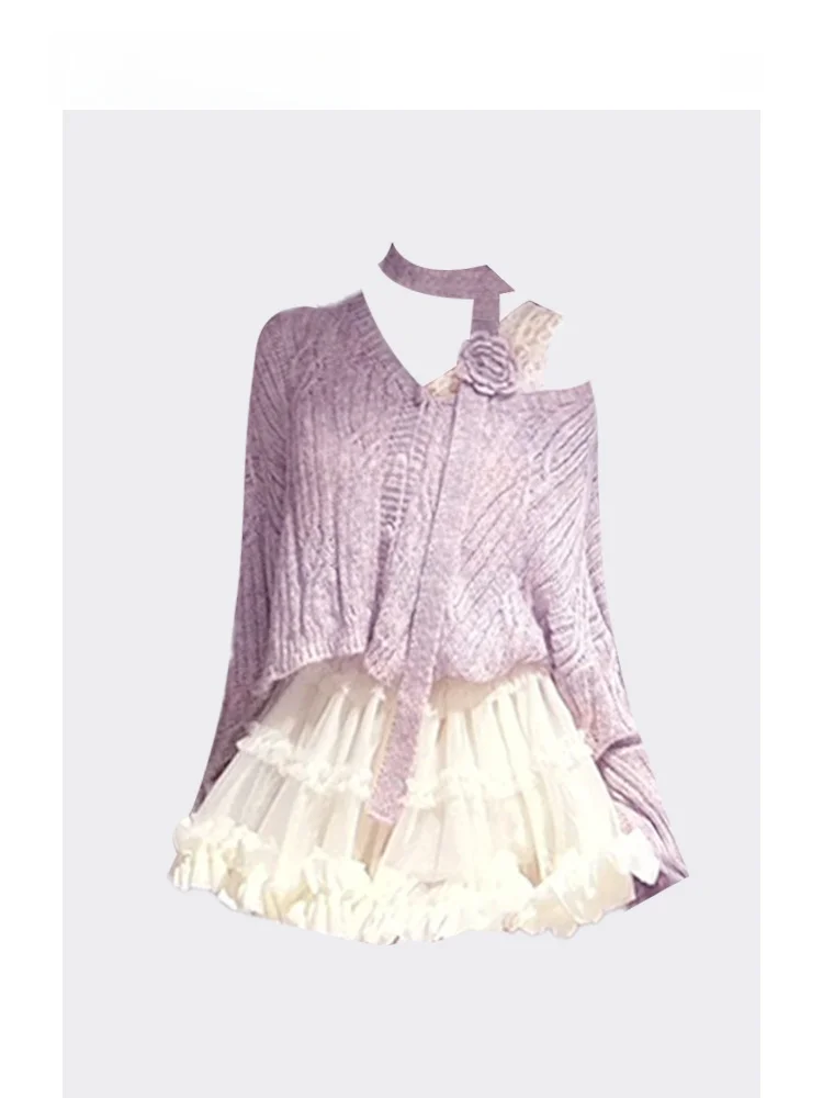 

HEZA милый фиолетовый вязаный открытый кардиган и юбка Me, комплект для женщин больших размеров, корейский свободный крой, длинный свеч V Ne