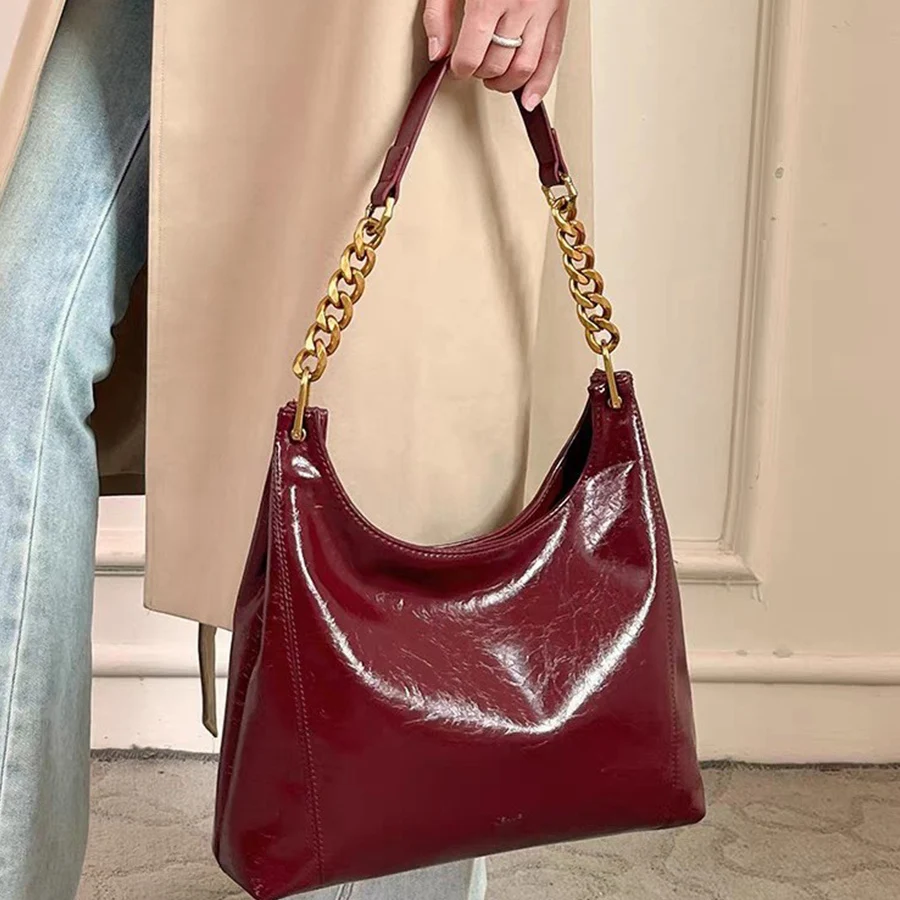 

Роскошные цепочки, женская сумка на плечо, высококачественная глянцевая кожаная сумка-тоут, водонепроницаемая сумка подмышками, однотонная сумка на молнии, красные сумки