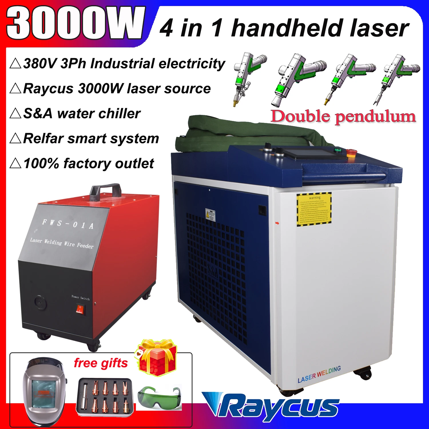 4 IN 1 Raycus Laser welder 1500W/2000W/3000W Fiber Laser Welding Cleaning Cutting Machine Weld Seam Clean S&A water chiller