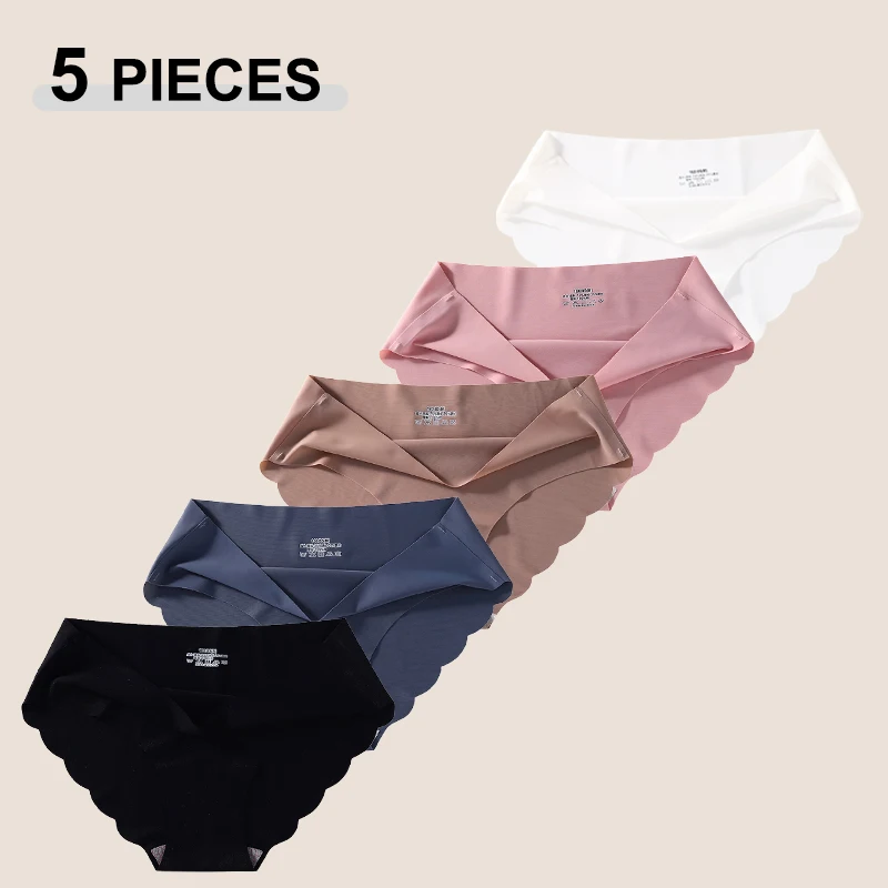 Neue 5-teilige Damen Nahtlose Eisseide Unterwäsche Einfarbige Niedrige Taille Wellenrand-Höschen Damen Ultra-dünne Atmungsaktive Sexy Dessous