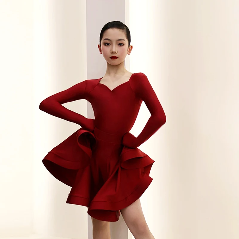 

2026 New Latin Dance Competition Dress Girls' Dance Standards Performance Clothing Kids V-Neck Long Sleeves Dancing Suit XH2156